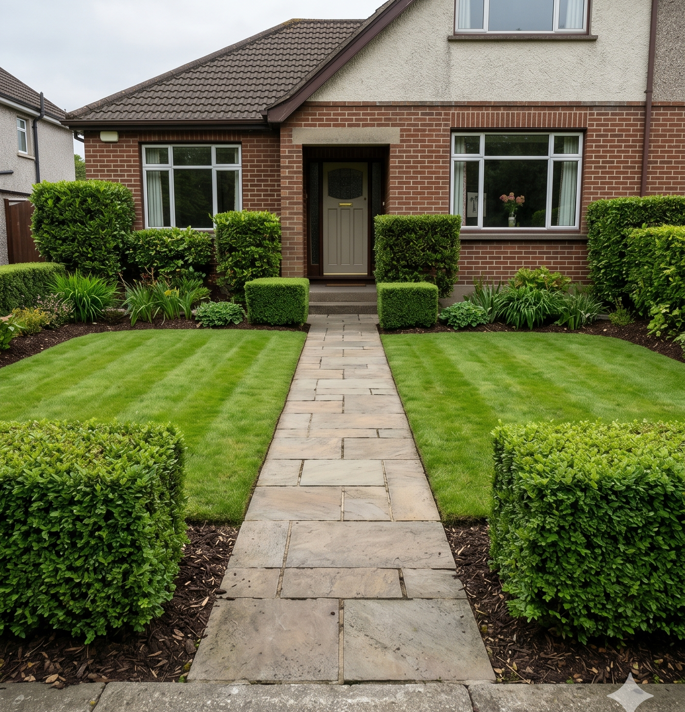 Après intervention : pelouse tondue, haies taillées et allée en pierre dégagée