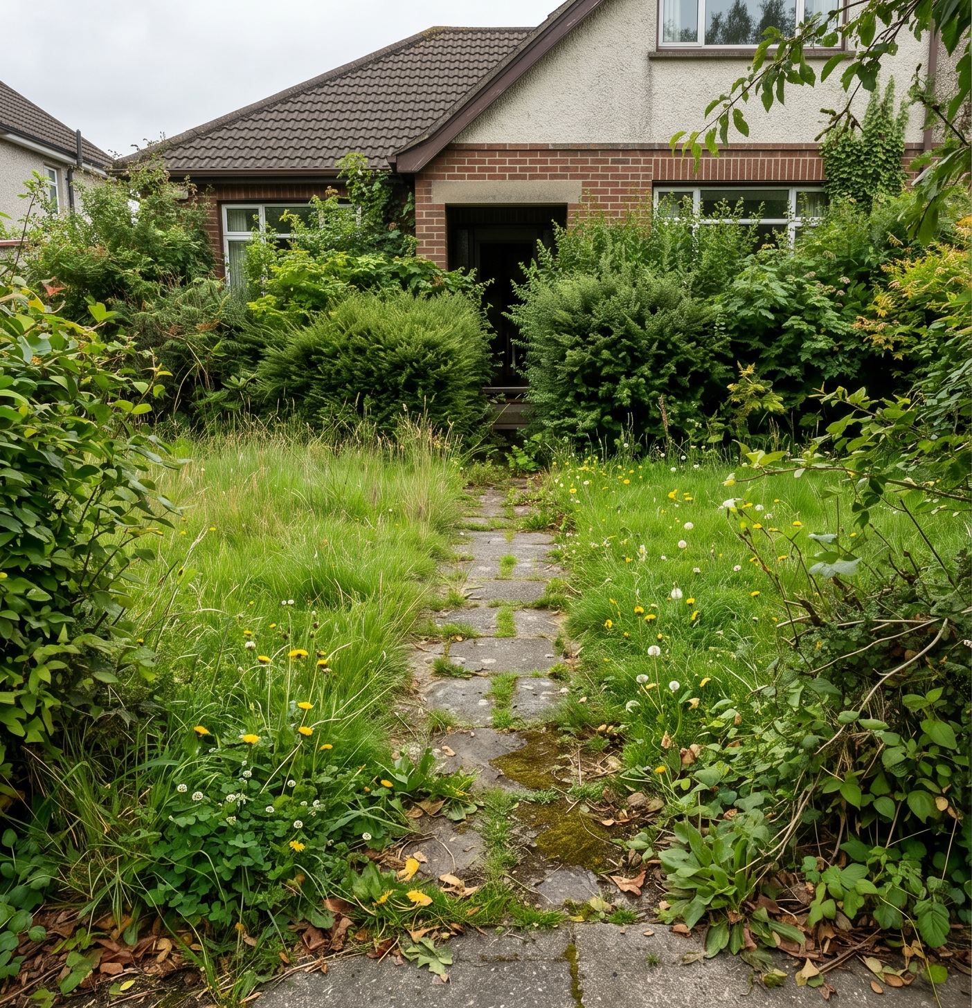 Avant intervention : jardin envahi par la végétation, allée recouverte de mauvaises herbes